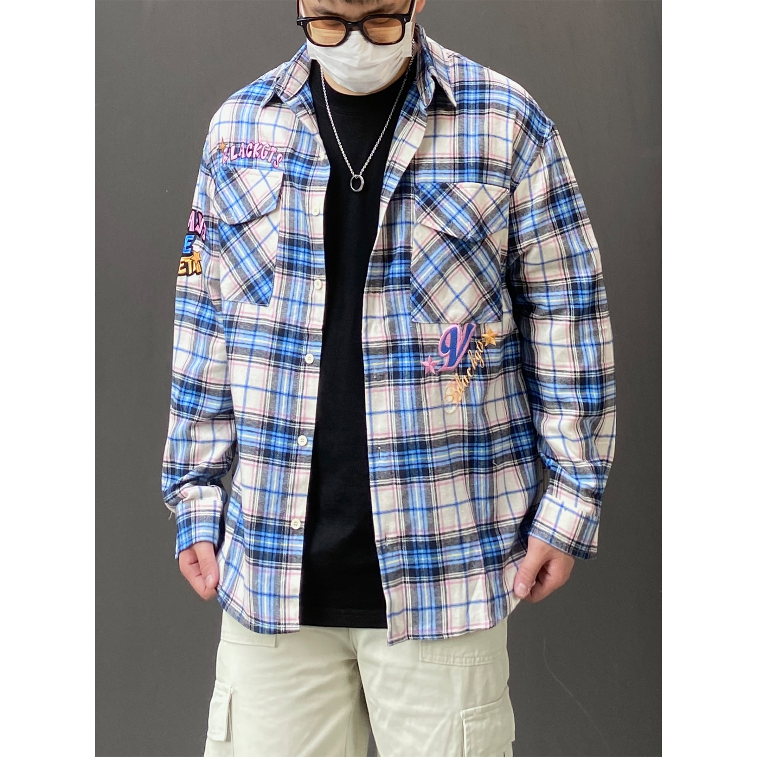 98SQUID 美式复古个性印花格子长袖衬衫男女国潮百搭宽松休闲外套