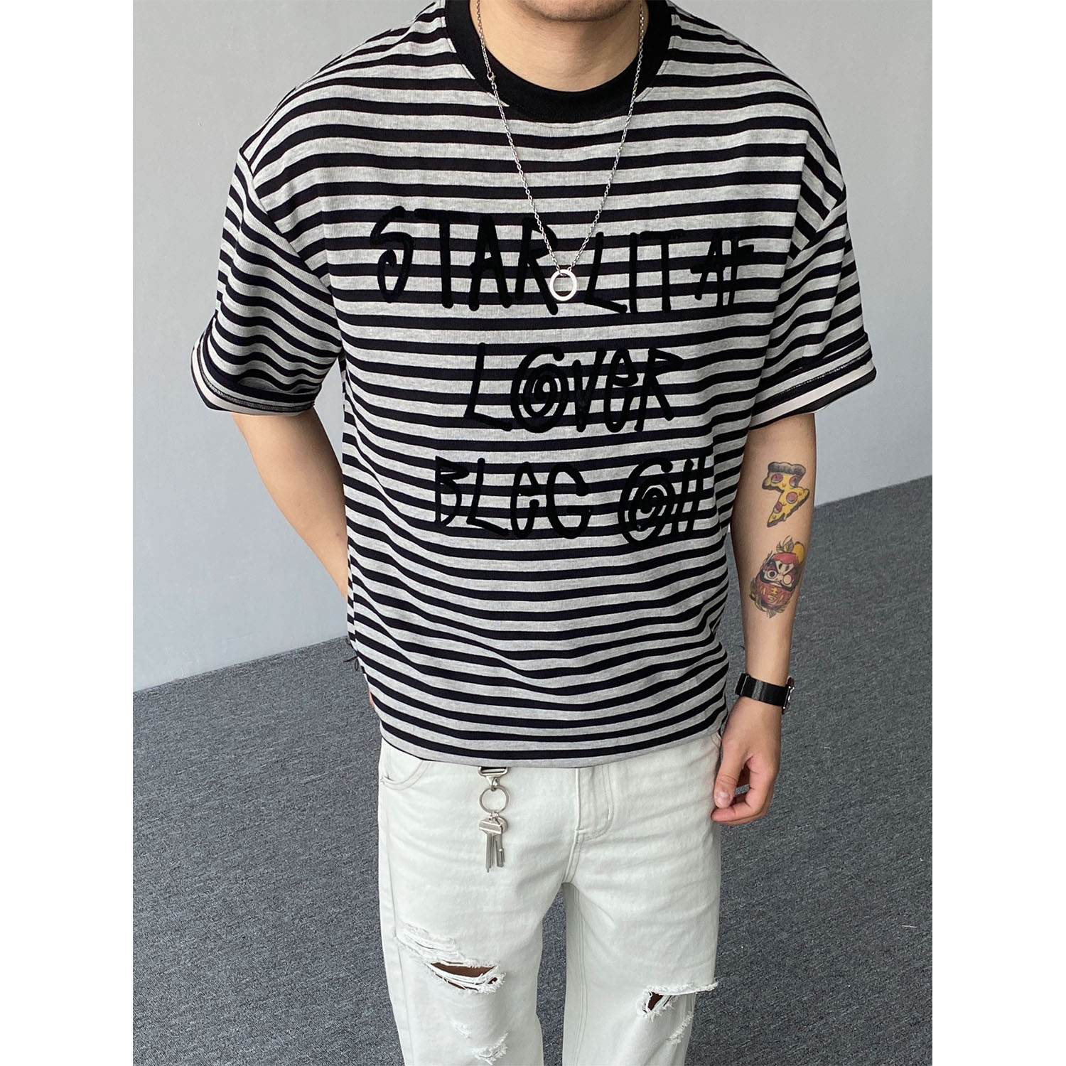 98SQUID 美式街头条纹字母印花短袖230g男女宽松休闲百搭夏季半袖