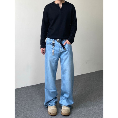 98SQUID 美式复古cleanfit水洗浅蓝牛仔裤男女宽松休闲直筒长裤子