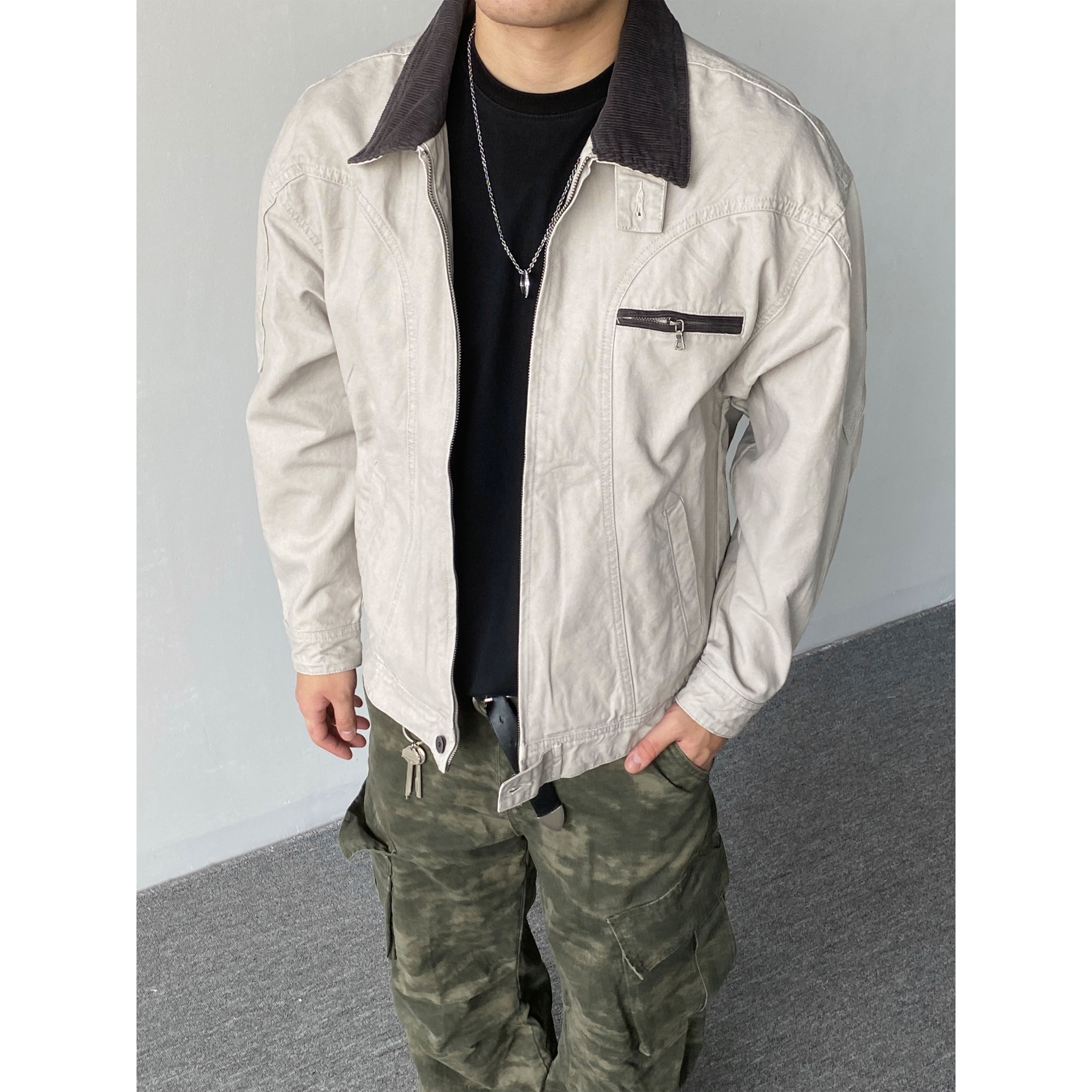 98SQUID美式复古vintage底特律撞色工装夹克情侣宽松休闲痞帅外套