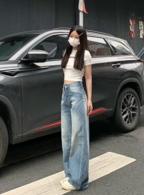 纯哥家美式水洗阔腿牛仔裤女2026年春季设计感高腰宽松显瘦拖地裤