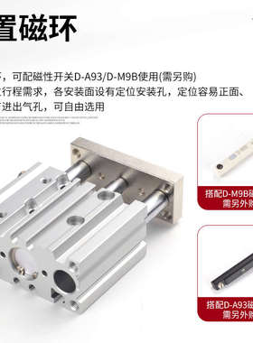 SMC型MGPM三轴三杆气缸大推力带导杆12/16/20/25-10/30/40/50/75Z