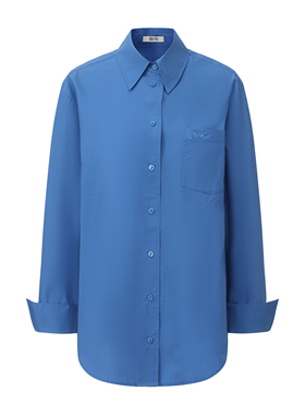 Miu风蓝衬衫明星款100%棉宽松廓版翻折袖刺绣百搭巨显白长袖衬衫