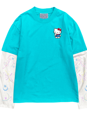 金枪小鱼 卡通猫印花浅湖蓝色长袖T恤拼接袖子假两件彩色系穿搭