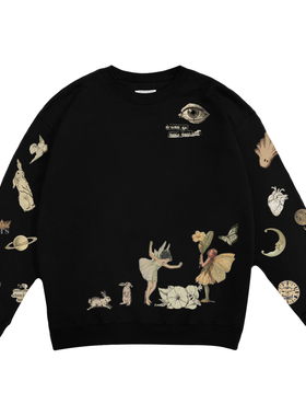 金枪小鱼  黑色美式复古穿搭早秋圆领卫衣休闲男女都可穿live直出