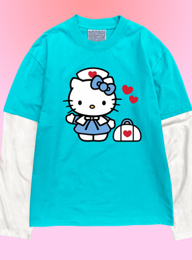 金枪小鱼 卡通猫印花浅湖蓝色长袖T恤拼接袖子假两件彩色系穿搭
