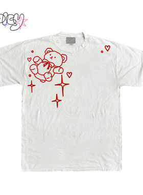 金枪小鱼 红色线稿梦幻小熊可爱简约短袖日常通勤百搭T恤正肩修身