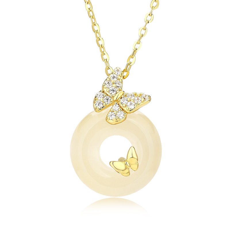 周大生官方平安扣项链女生S925纯银蝴蝶玉髓吊坠生日礼物送女友