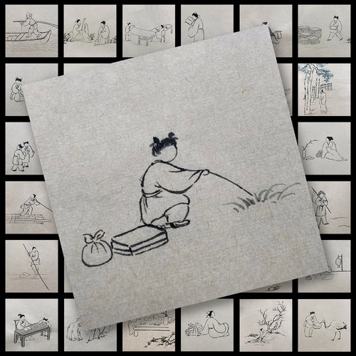 128张古风插画线条小人贴纸简约山水画点景人物练习东方美韵自粘