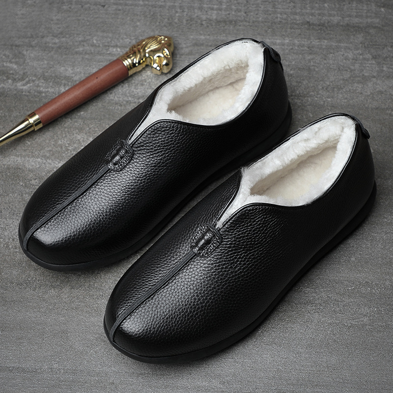 头层牛皮冬季羊毛男士棉鞋老北京布鞋加绒保暖老人皮鞋爸爸男鞋软