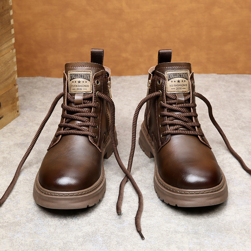 2025冬季马丁靴男真皮潮流加绒保暖工装靴复古休闲皮靴子男鞋中帮