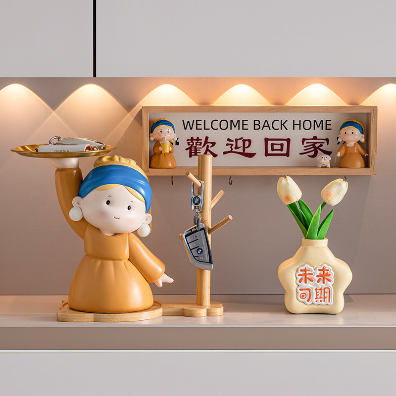 入户门玄关钥匙收纳摆件戴珍珠耳环的少女客厅酒柜装饰品乔迁礼物