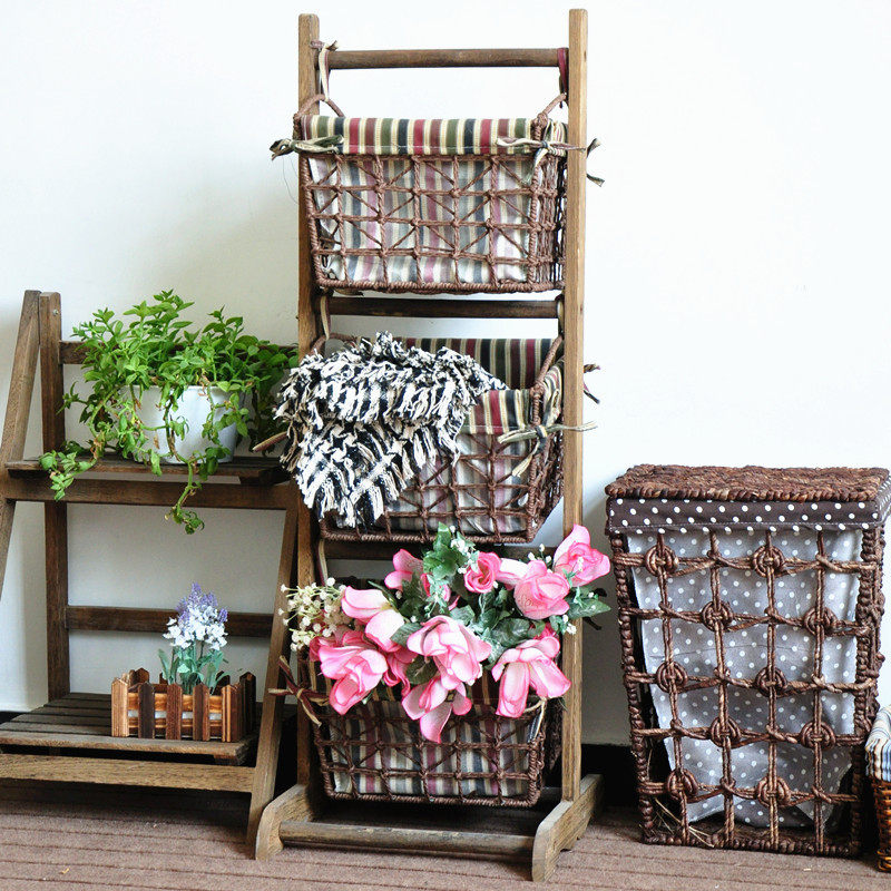 田园风格实木收纳架吊篮置物架杂志书报架布艺收纳花篮花架户外