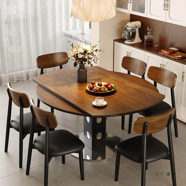 中古风实木岩板餐桌椅组合家用可变圆桌复古风饭桌北欧