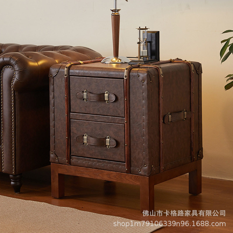 中古风方几床头柜实木藤木条储物柜真皮复古皮箱茶几美式沙发边几
