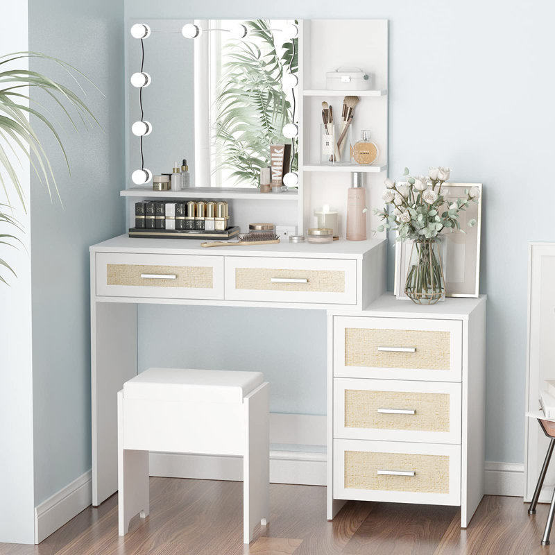 跨境亚马逊藤编梳妆台带LED镜子电源化妆抽屉柜储物卧室床头收纳