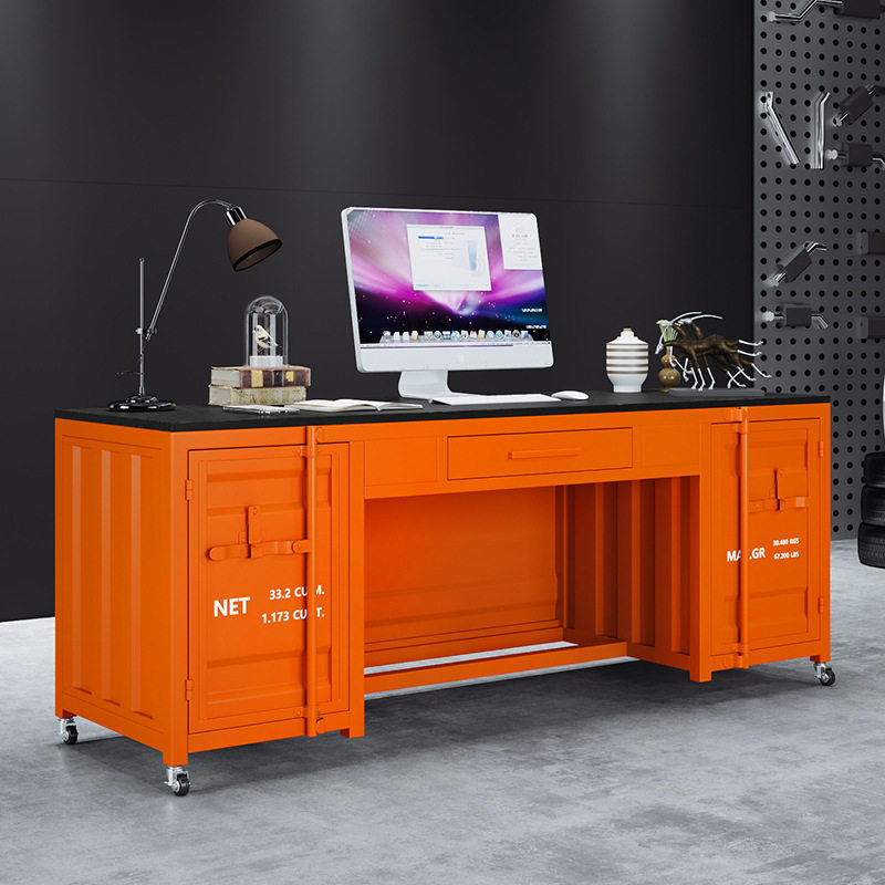 复古集装箱电脑桌子工业风创意工作台工业风办公桌铁艺书架一体桌