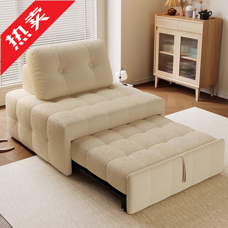 2026奶油风泡芙布艺沙发小户型客厅两用皮艺复古单人一体伸缩沙发