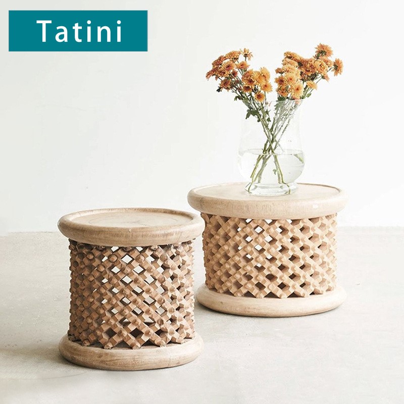 户外茶几实木阳台边几设计师民宿花园圆形木墩防水柚木北欧小圆桌