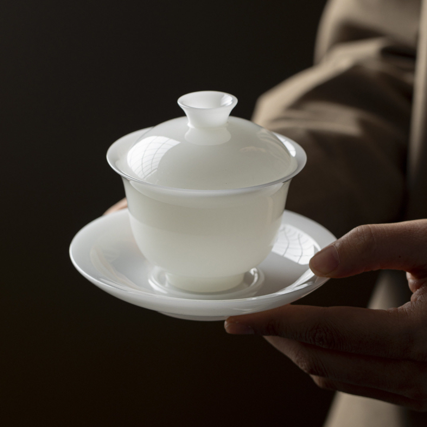 冰种璞玉瓷悬停盖碗德化白瓷三才茶碗家用茶具大号不烫手单个泡茶