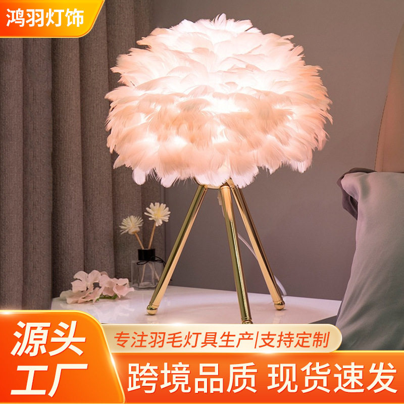 跨境货源 羽毛台灯卧室床头夜灯网红灯摆件温馨浪漫氛围装饰台灯