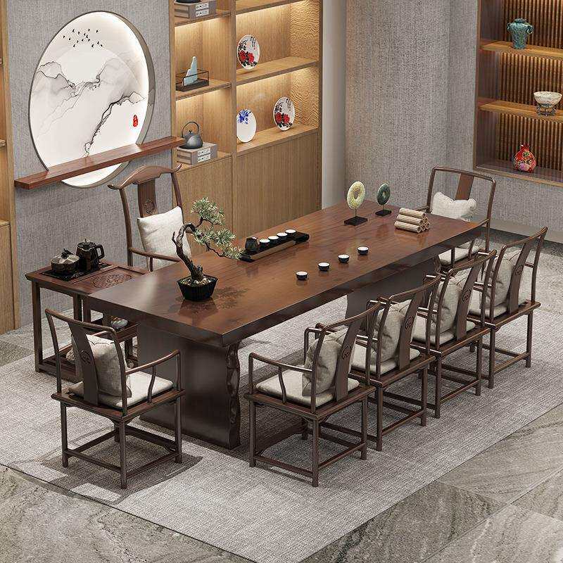 胡桃色泡茶桌椅组合原木大板茶桌办公室实木茶台新中式功夫喝茶桌