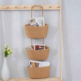 壁挂收纳b筐三件套纯色入户玄关钥匙杂物篮墙上棉绳化妆品挂袋
