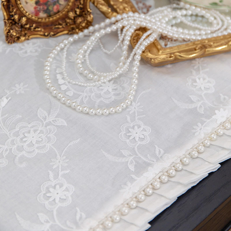 蕾丝桌旗白色法式轻奢氛围感茶几A盖布化妆台布电视柜边柜桌布床