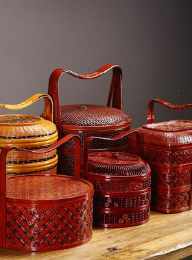 月饼礼品篮结婚食盒篮复古特色竹编L手提篮红色竹制收纳篮