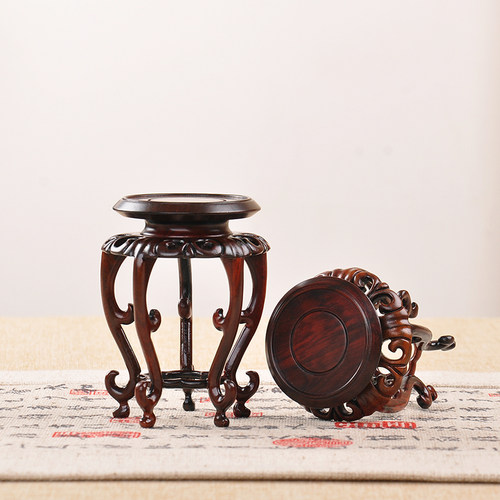 红木黑檀酸枝明式圆形高几奇石玉器摆件花瓶花R盆盆景底座花几架