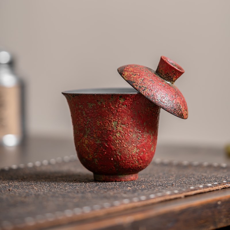 老岩泥满山红赭石k釉盖碗 悬停盖碗单个高档泡茶功夫茶具岩茶盖碗