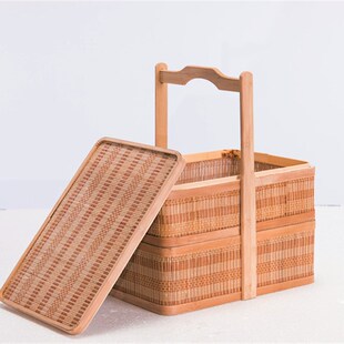 双层长方形竹篮j腌腊食品复古提菜篮子礼品篮端午粽子特产包装收