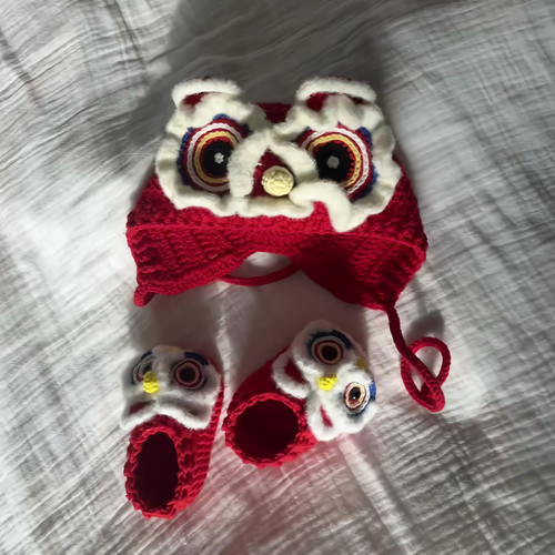 喜庆毛线钩织DIY材料包可爱手工编织婴儿醒狮鞋帽子虎头宝宝鞋