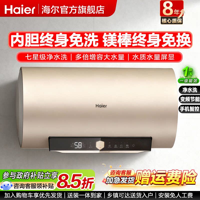 海尔电热水器100L家用变频80升储水式浴室洗澡一级能效官方旗舰