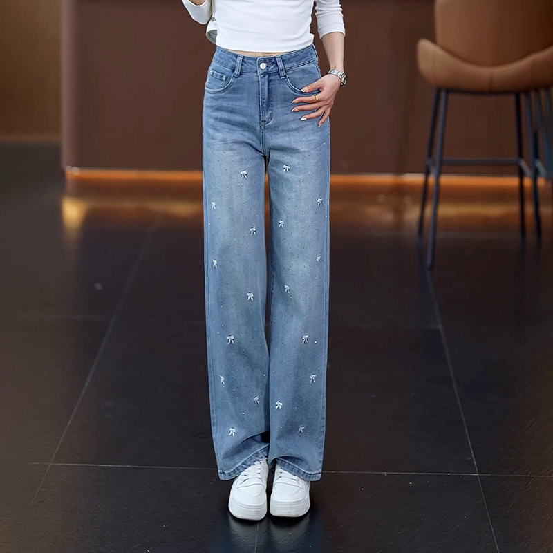 直筒阔腿牛仔裤女春秋小个子