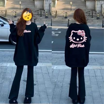 HelloKitty圆领卫衣纯棉女大童秋冬加绒加厚初中高中学生宽松上衣