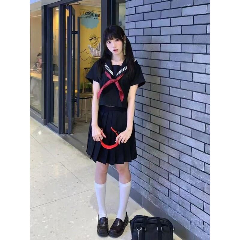 女大童装夏季原创水手服绀色黑色日系学院风长短袖衬衫百搭JK短裙