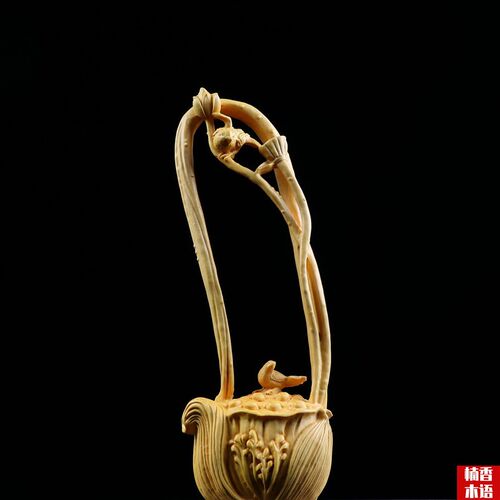 黄杨木雕刻一路连升实木喜w鹊莲蓬高升家居办公装饰品摆件工艺品