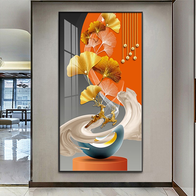晶瓷镶钻轻奢入户杏叶麋鹿玄关装饰画走廊过道挂画U竖版几何墙壁图片
