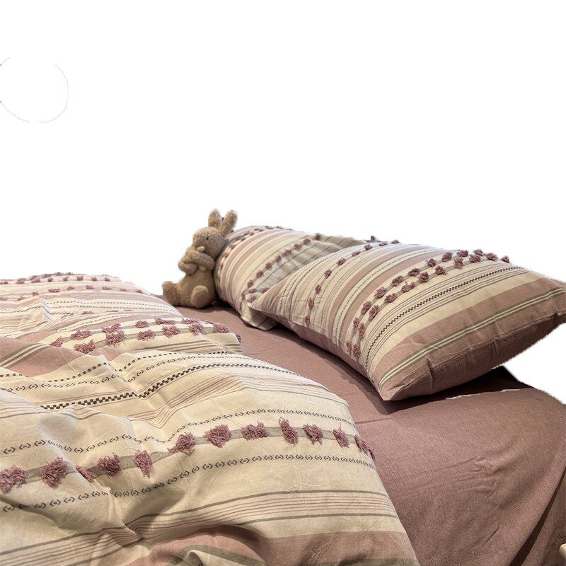 色织水洗棉芋泥紫毛球球条纹牀上四A件套全棉1.5m1.8米公寓被套三