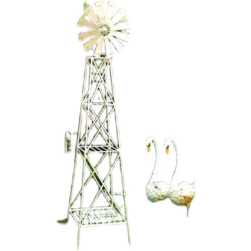 美式乡村铁艺做旧花园大风车户外风车型I三层花架 园艺地面装饰品