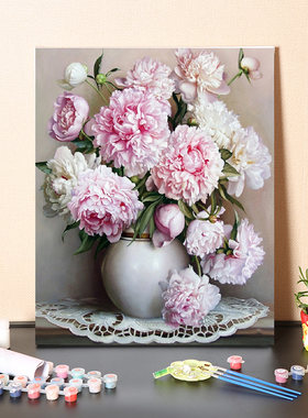 数字油画diy填充牡丹花卉欧式客厅装H饰画手绘减压手工填色油彩画