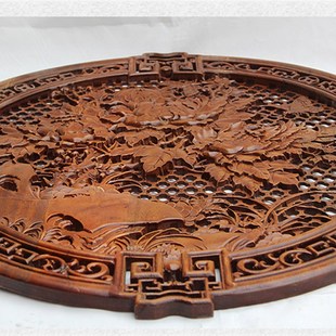 东阳木雕挂件 香樟木头雕刻画工艺品中J式客厅装饰实木质艺术牡丹