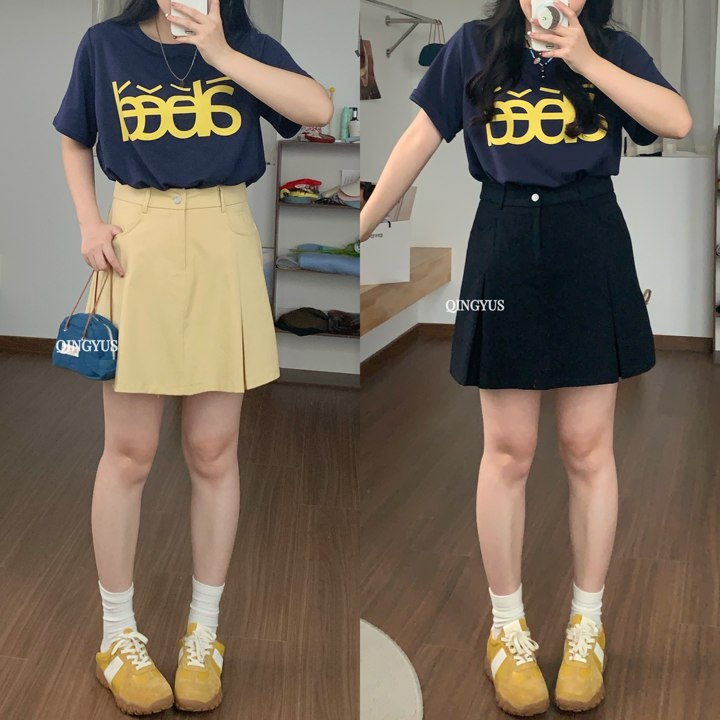 「青屿衫」休闲百搭复古半身裙系扣高腰别致裙子微胖春季大码女装