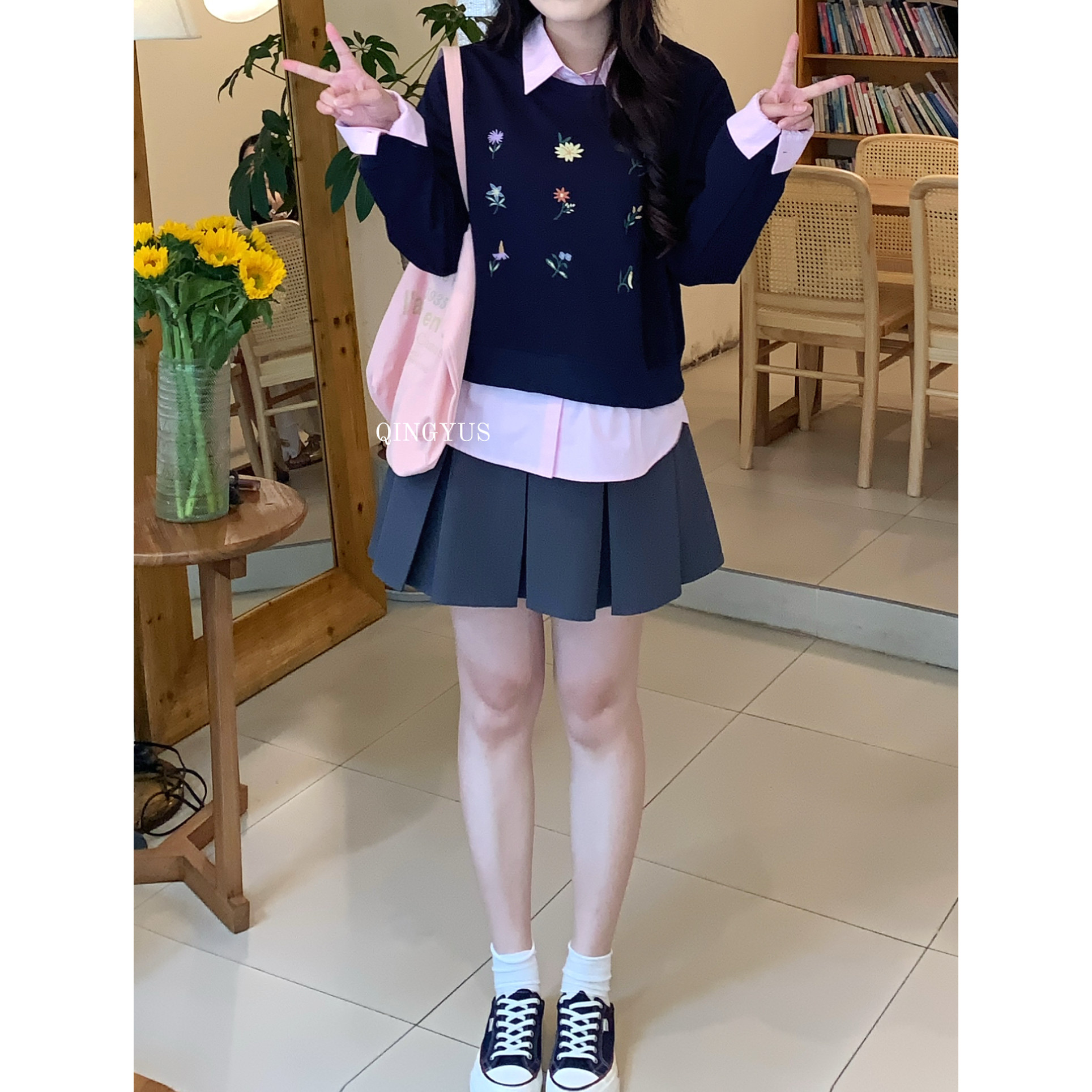 青屿衫-微胖大码早秋韩系高腰西装百褶半身裙遮胯百搭显瘦A字短裙