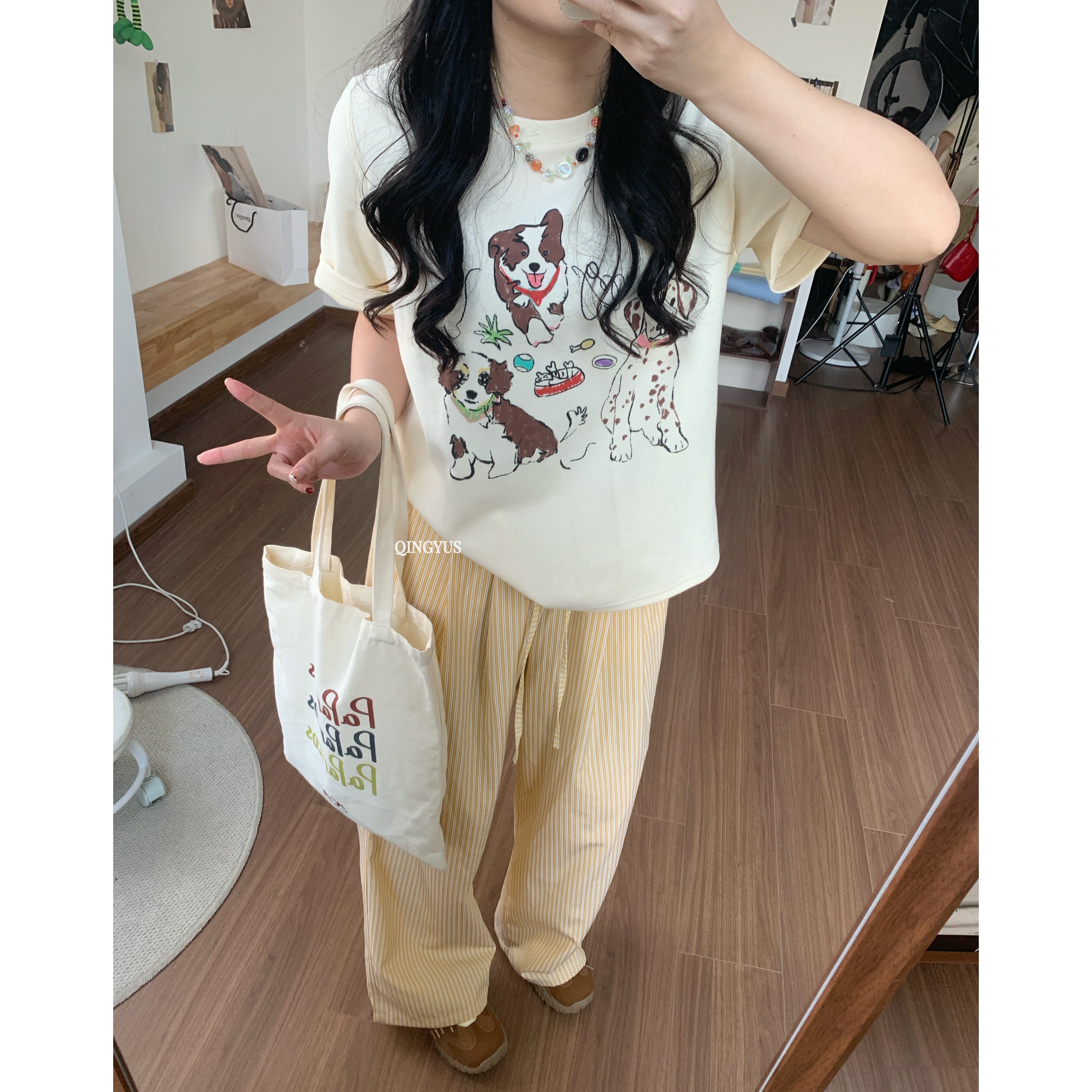 慵懒风高腰微胖显瘦简约长裤条纹