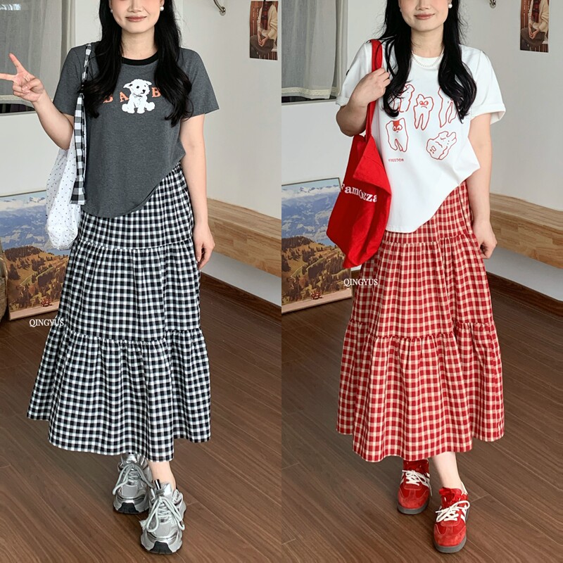 韩系格子高腰半身裙宽松小众时尚百搭裙子微胖显瘦春季大码女装