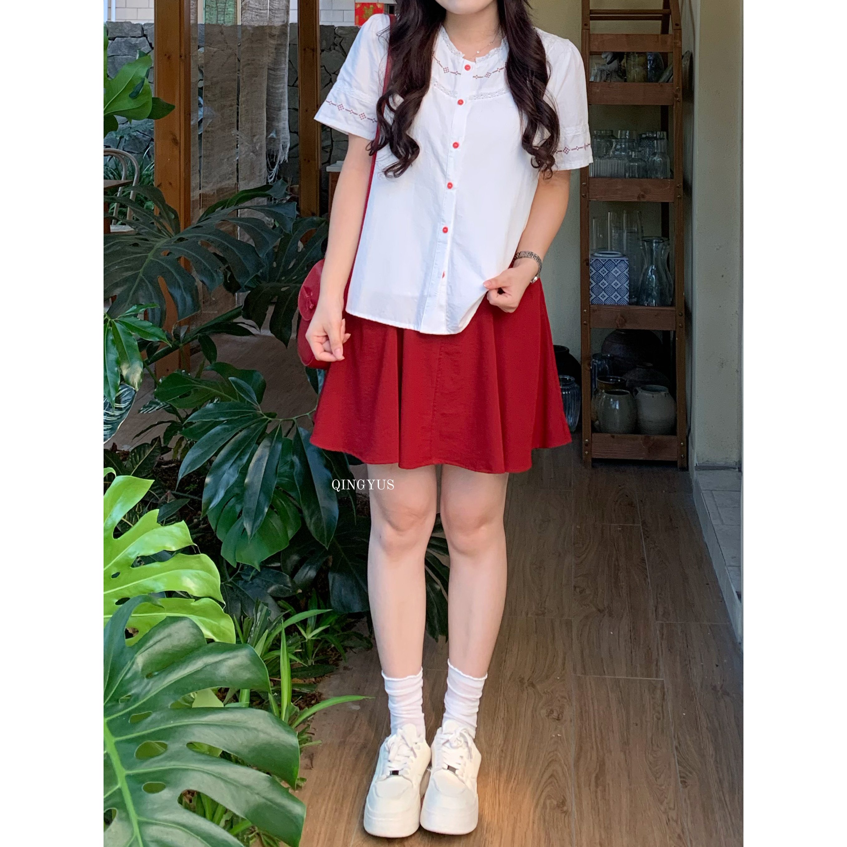 青屿衫-微胖夏季大码韩系气质复古红色半身裙高腰显瘦遮胯A字短裙