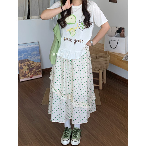 青屿衫-微胖大码韩系松紧腰波点荷叶边半身裙高腰遮胯A字中长裙子