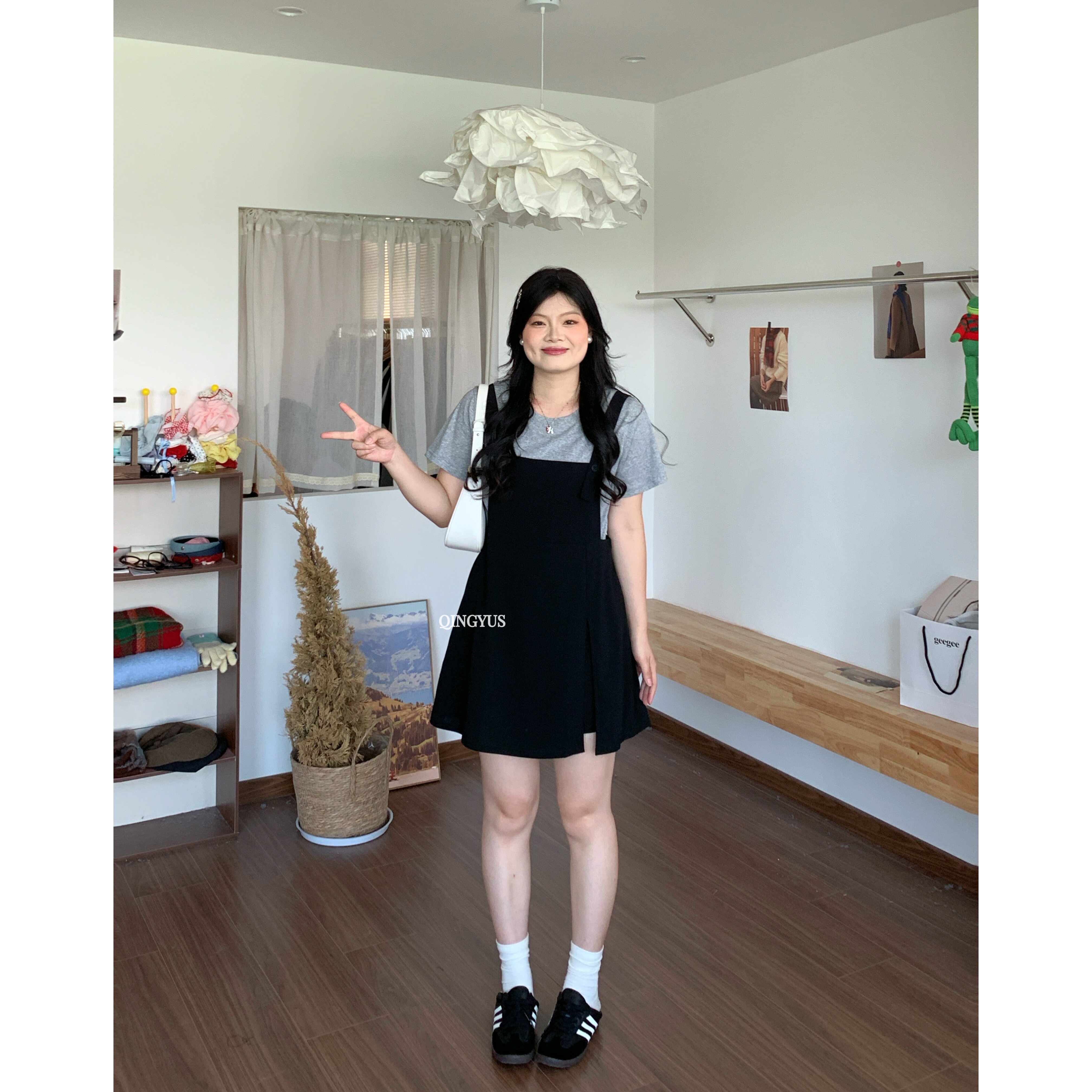 【青屿衫】学院风纯色T恤+开叉吊带背带裙套装微胖显瘦春季大码女